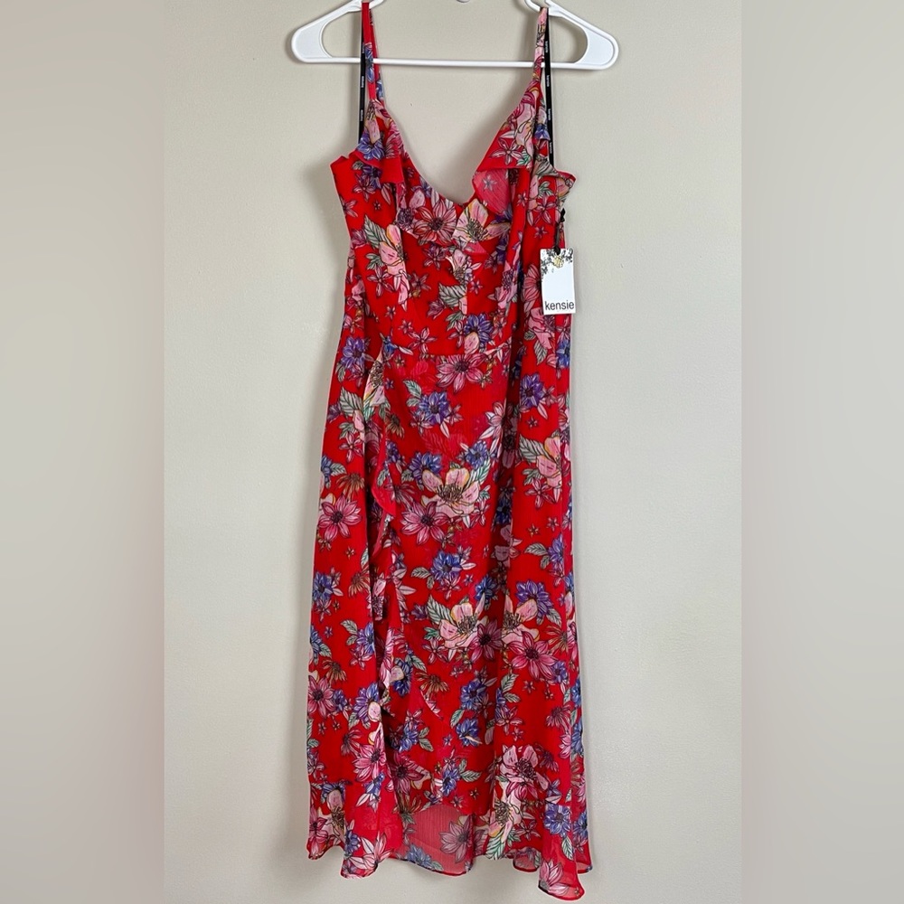 Kensie Red Floral Flower Adjustable Straps Midi Fit Flare Ruffled Dress Size 12